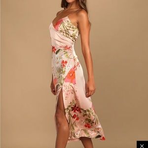 Lulus Remarkable Entrance Pink Floral Print Satin Midi Dress Size L